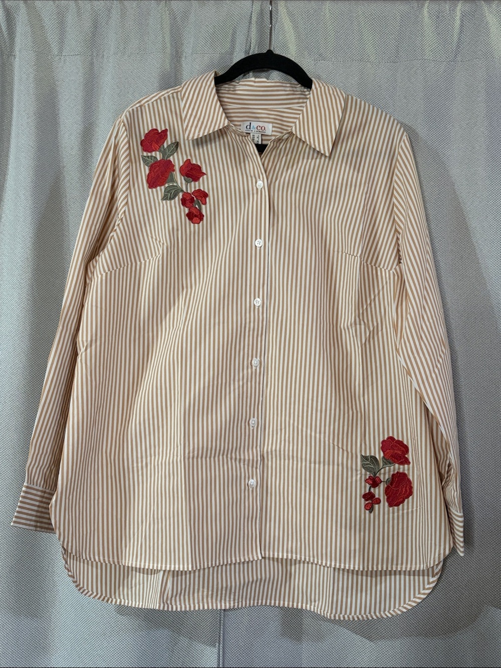 Embroidered Stripe Button-Down Shirt - Beige/White with Red Floral Embroidery